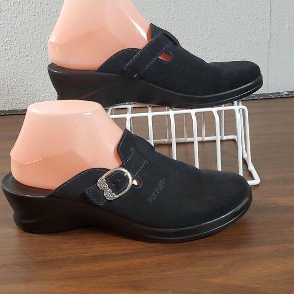 Fly Flot Black Suede Leather Silver & Blue Glitter Buckle Clogs Size EUR 40 US 8 - Picture 3 of 7